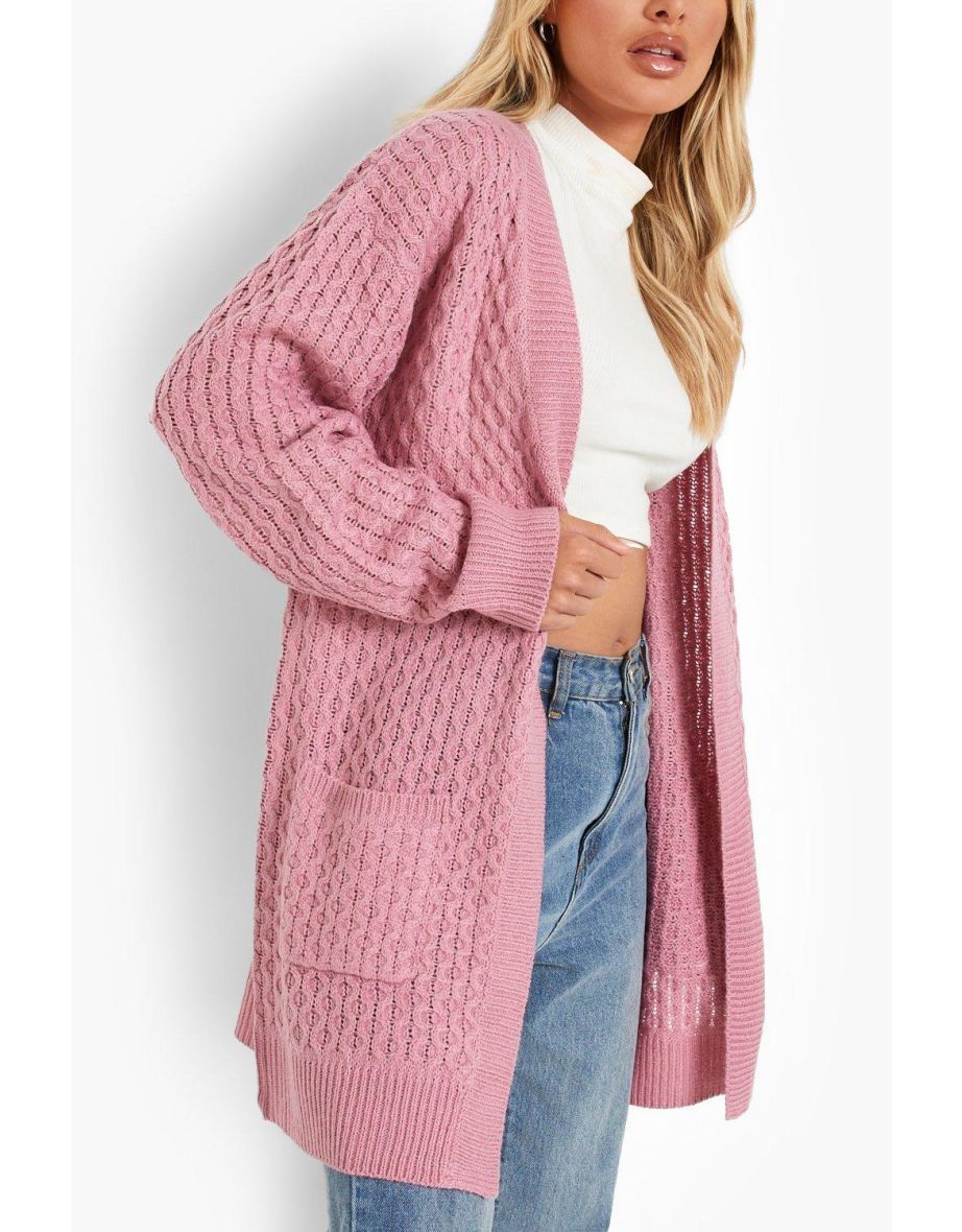 Cable Cardigan With Pockets - rose - 3
