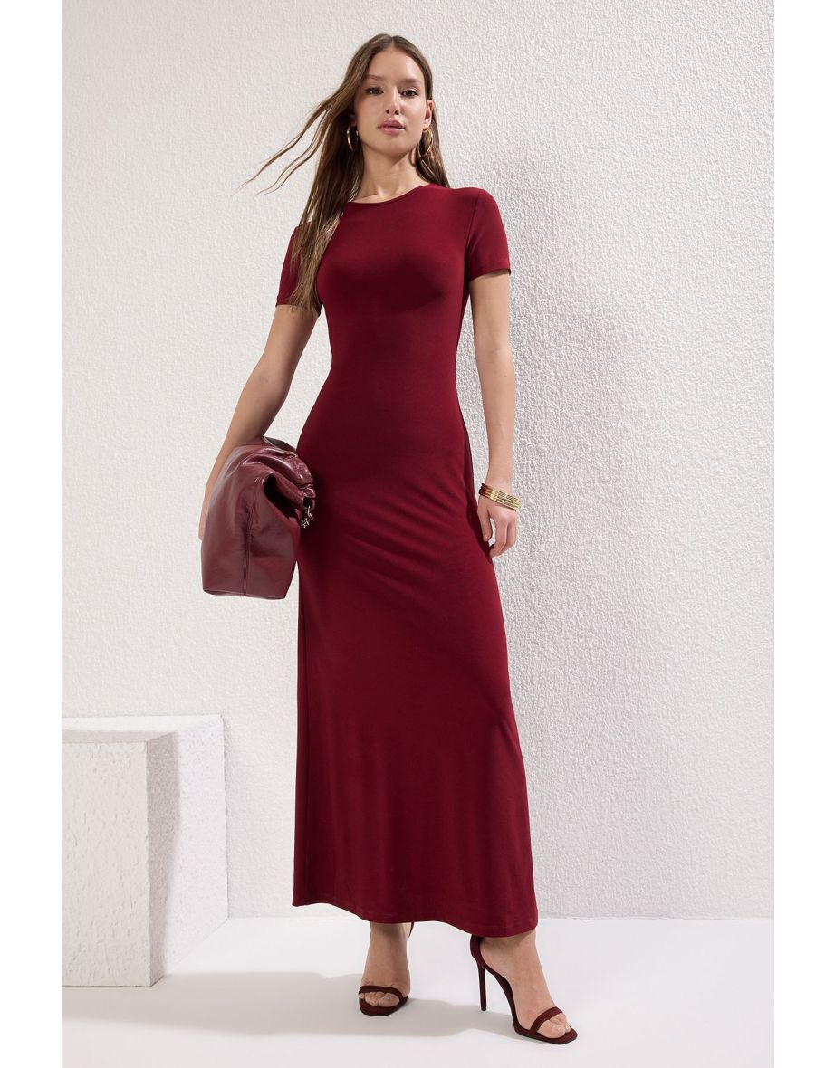 Burgundy Short Sleeve Bodysitting Crew Neck Stretchy Knitted Maxi Pencil Dress