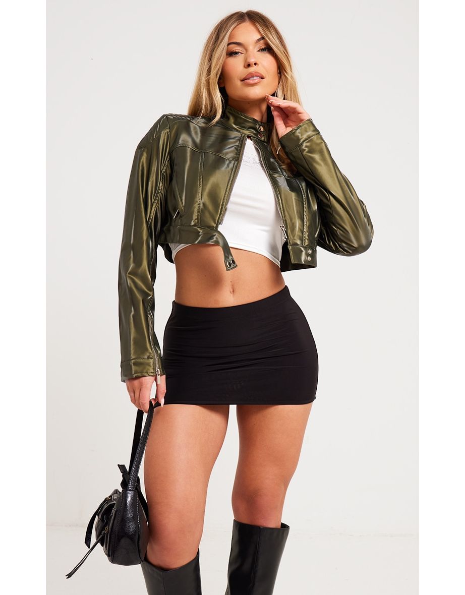 Shop Khaki Faux Leather Shoulder Detail Cropped Biker Jacket Online in Bahrain VogaCloset