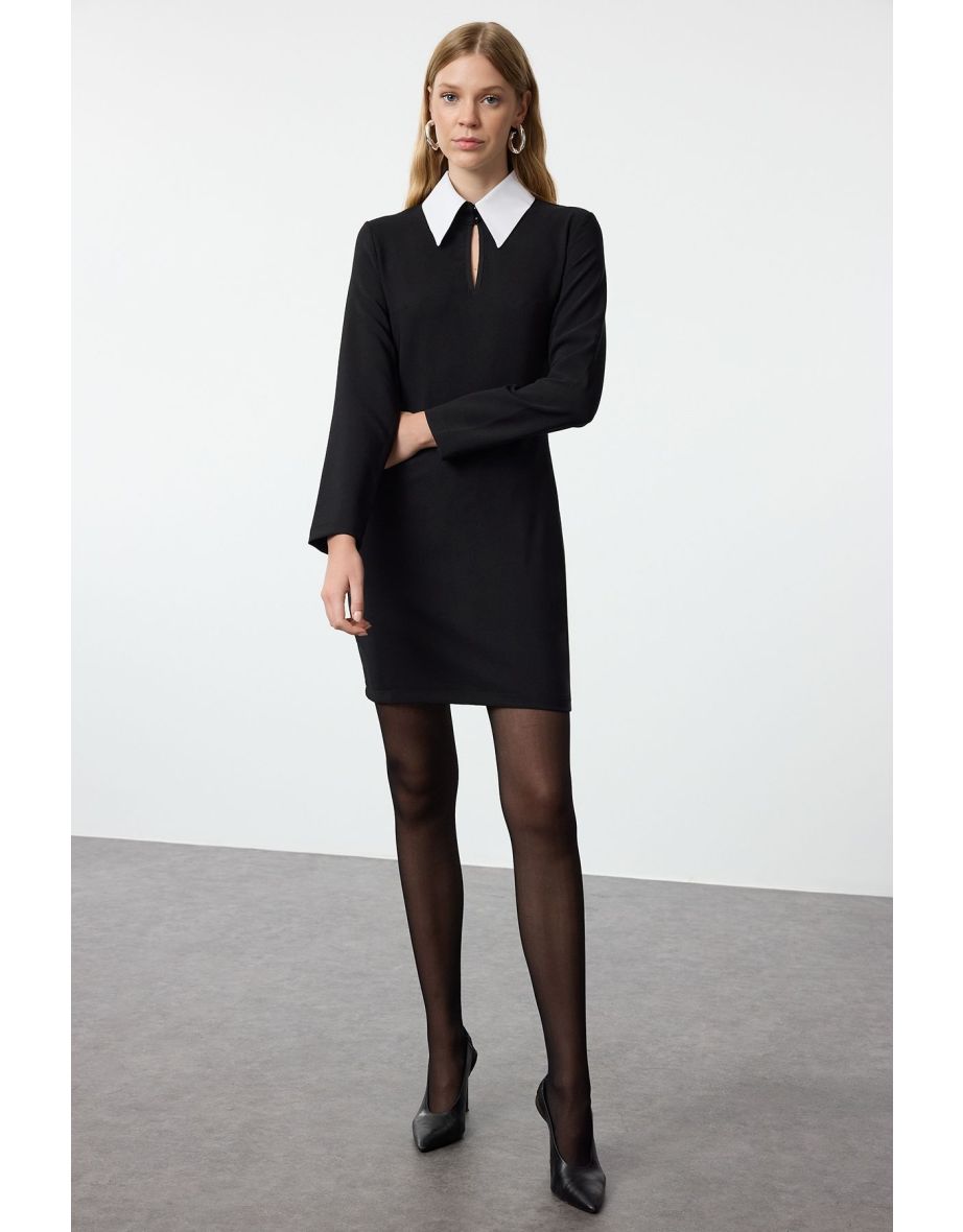 Black Fitted/Fits-Your-Body Collar Detailed Mini Woven Dress