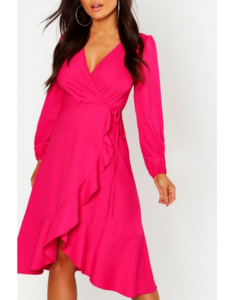 Crepe Ruffle Wrap Midi Skater Dress - blush - 3