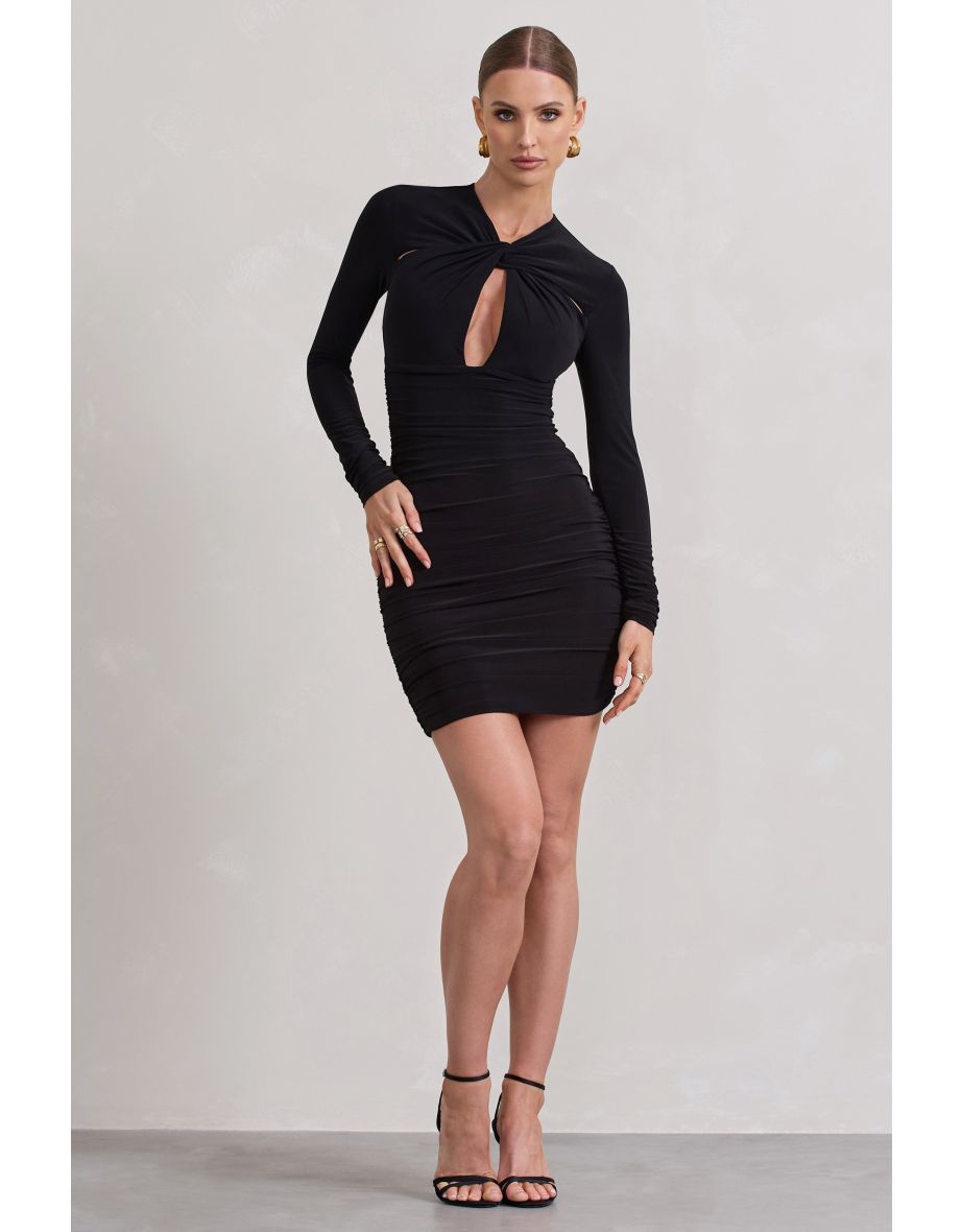Escapism | Black Ruched Long-Sleeve Cut-Out Mini Dress
