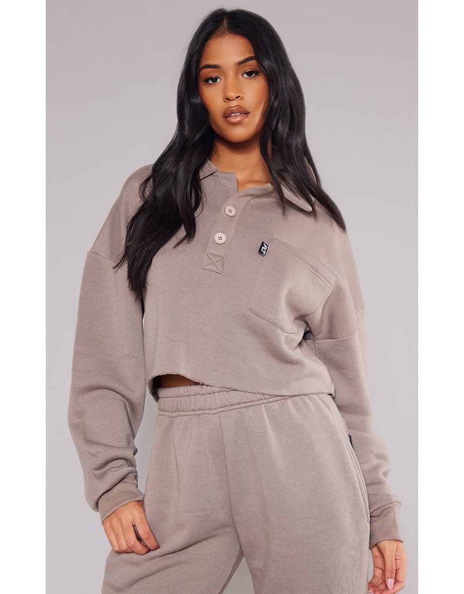 Shop Tall Taupe Button Up Detail Sweatshirt Online in Qatar VogaCloset