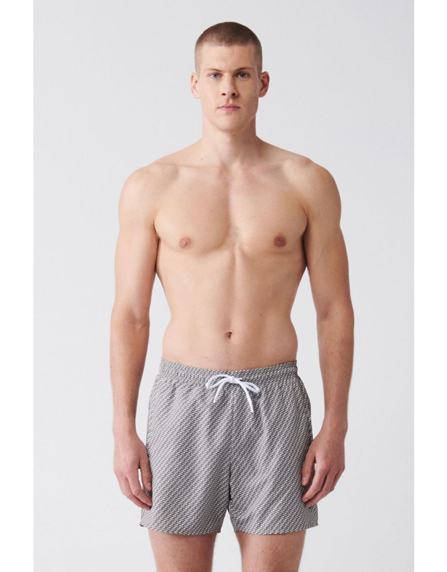 Men's Grey-white Quick Dry Printed Standard Size Swimwear Marine Shorts
