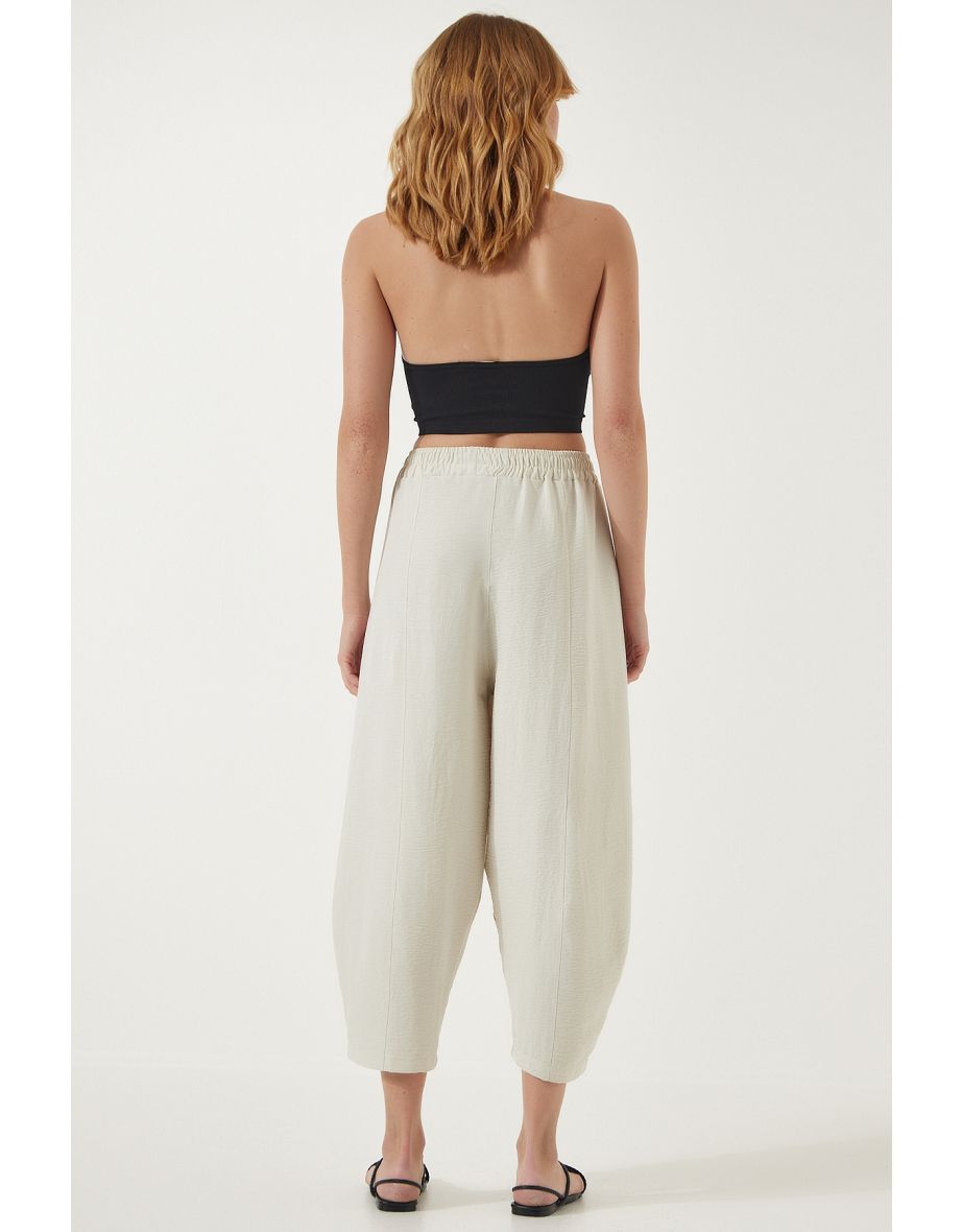 Women's Open Cream Pocket Linen Viscose Baggy Trousers - 7