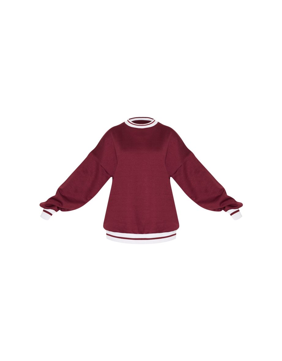 Burgundy Striped Ribbed Hem Oversized Sweatshirt - 4
