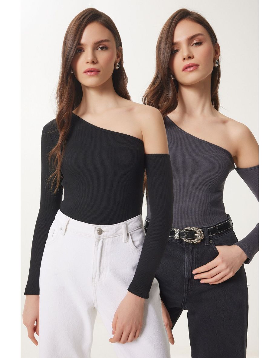 Women's Anthracite Black Open Shouldered Ribbed 2-Piece Knitted Blouse