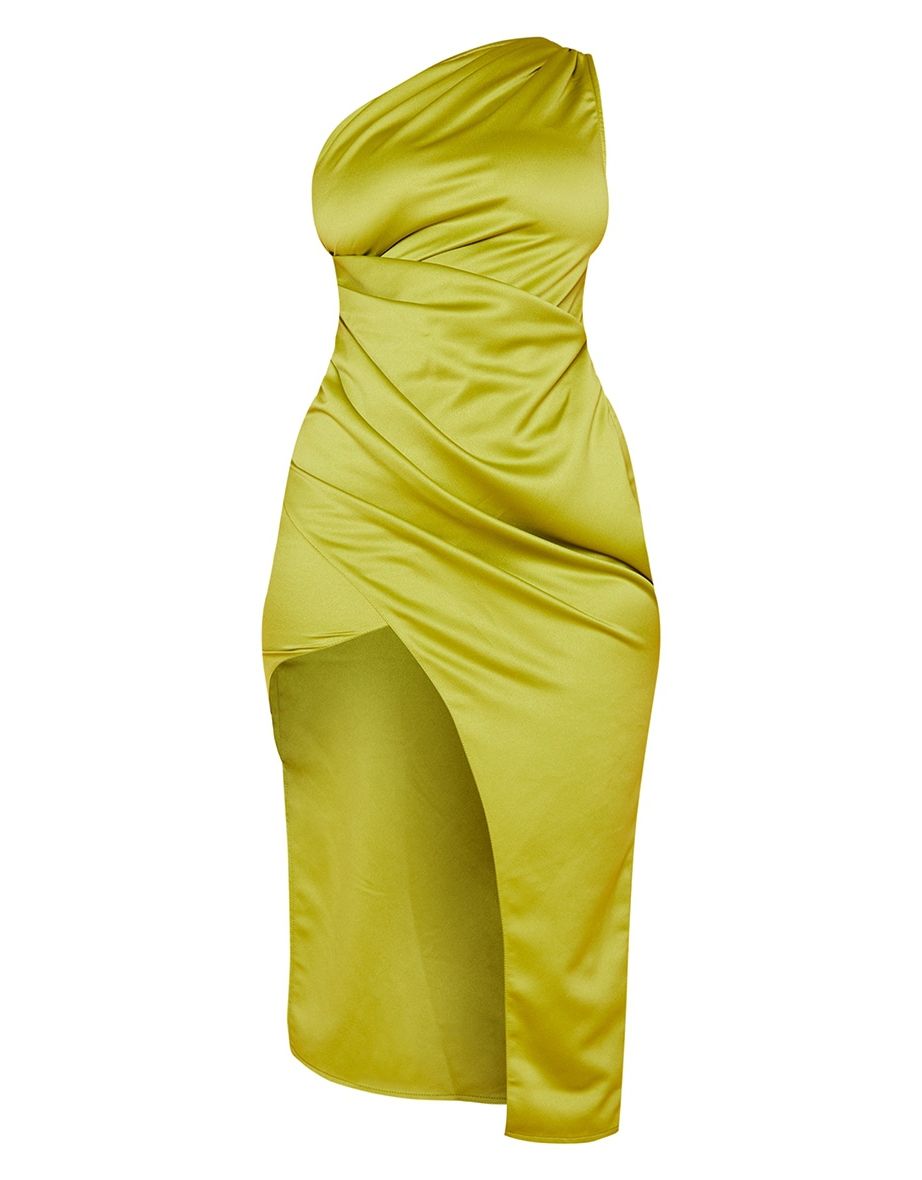 Olive Satin One Shoulder Pleat Detail Midi Dress - 4