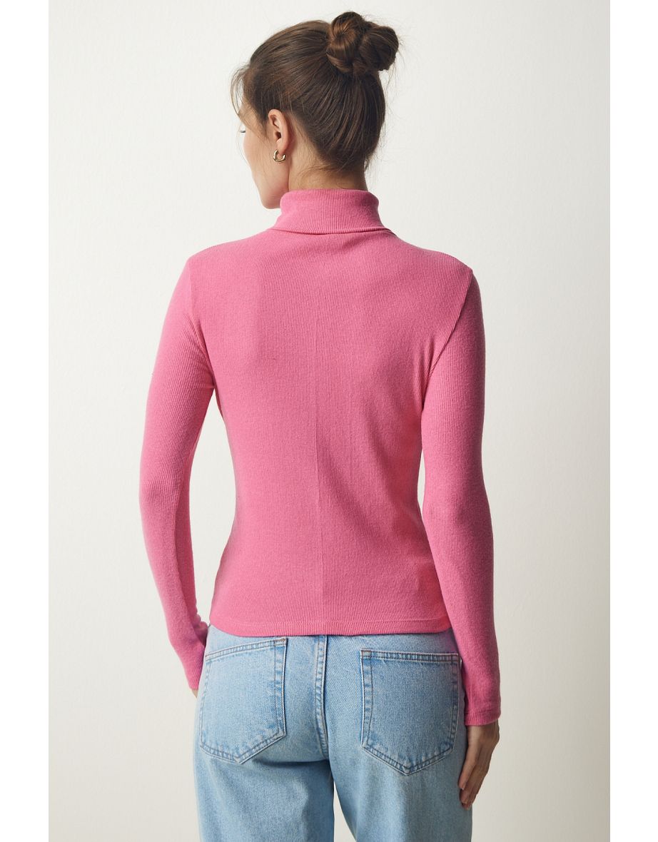 Women's Pink Turtleneck Ribbed Knitted Blouse - 4