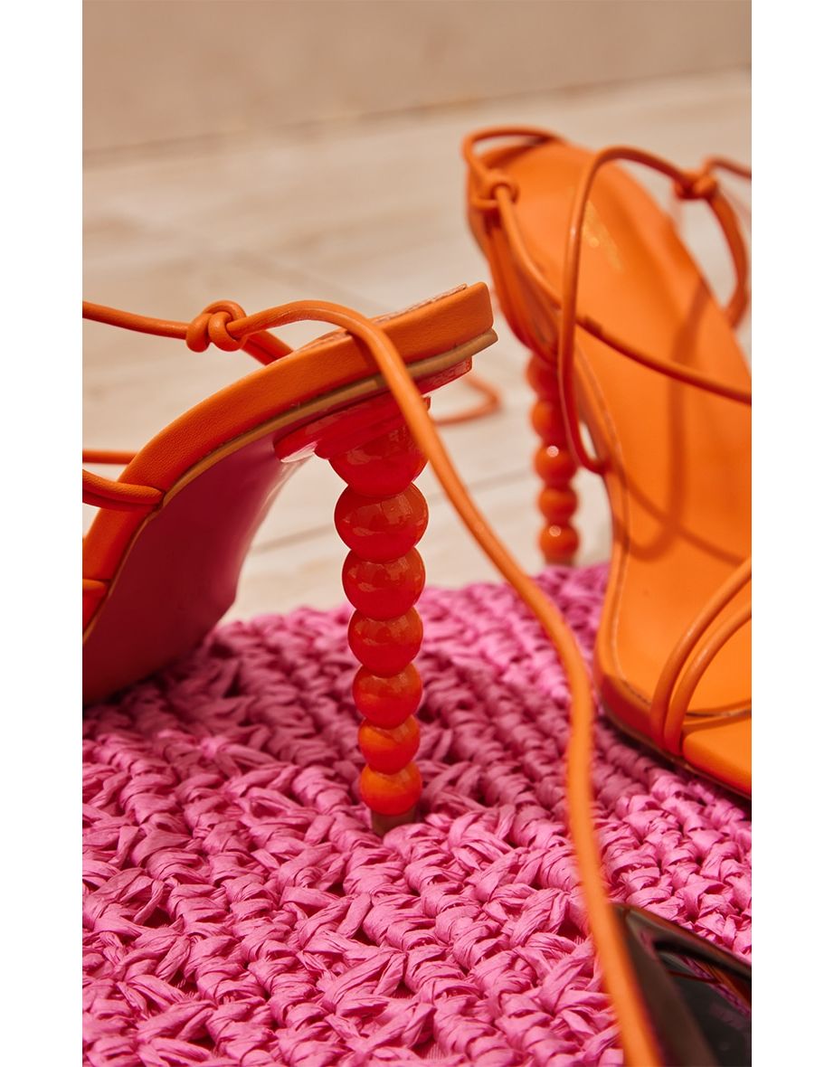 Orange PU Wide Fit Square Toe Knot Lace Up Mid Heeled Sandals - 3