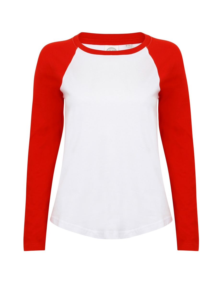 Skinnifit Womens/Ladies Long Sleeve Baseball T-Shirt - White/Red
