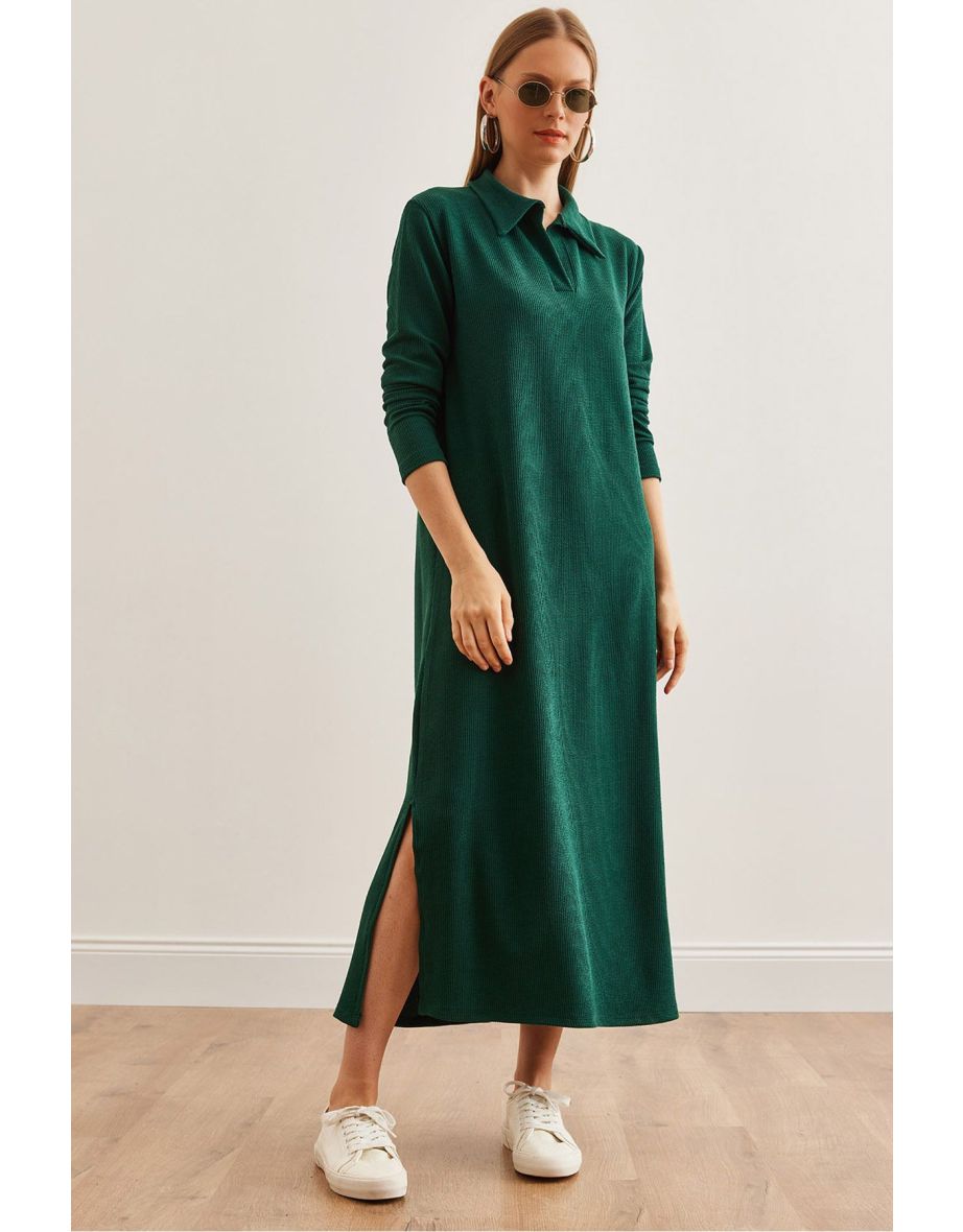 Women's Emerald Green Polo Neck Long Sleeve Slit Burgundy Dress