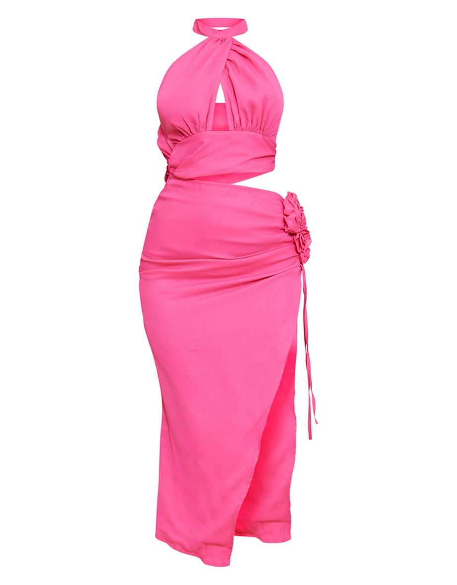 Hot Pink Chiffon Rose Trim Cut Out Halter Tie Midi Dress - 4