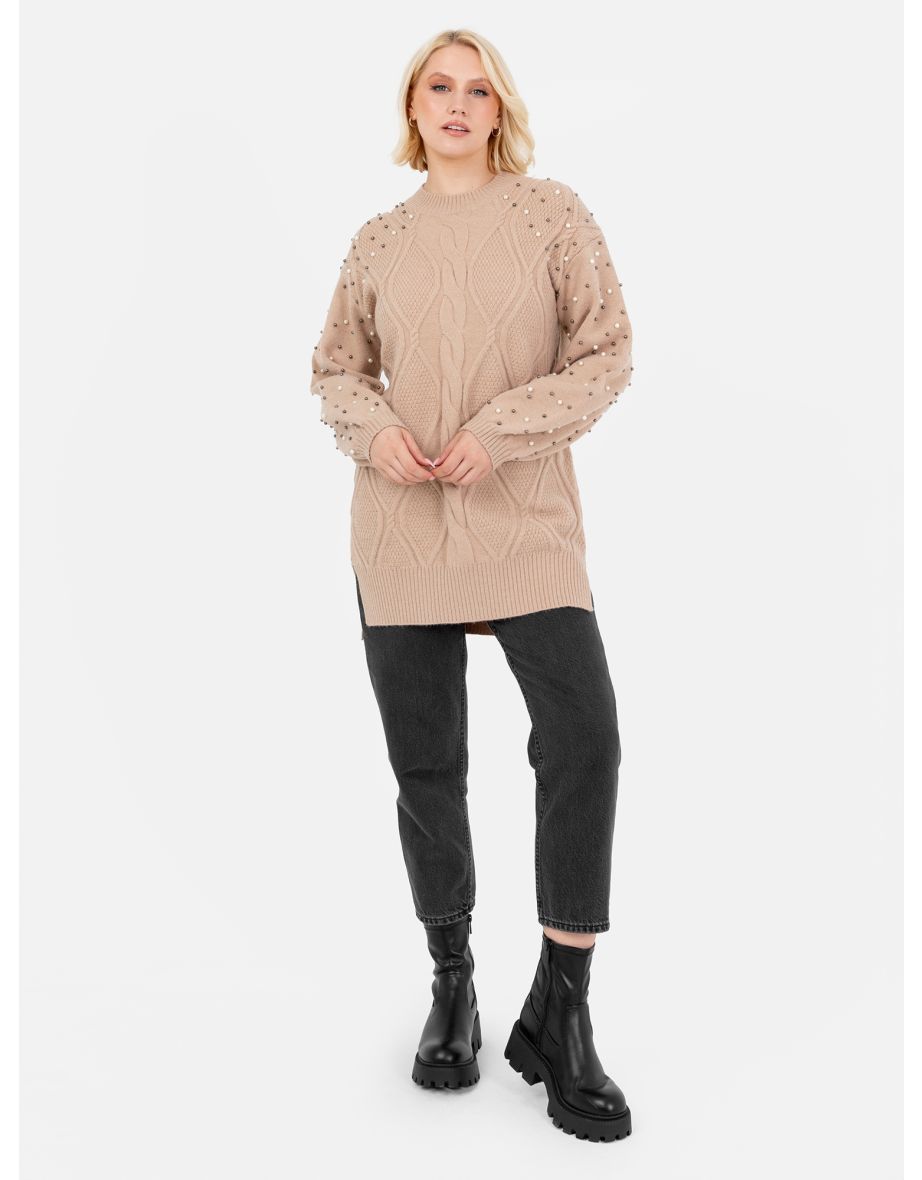Lovedrobe Camel Cable Knit Longline Jumper with Pearl Embellishment - 6