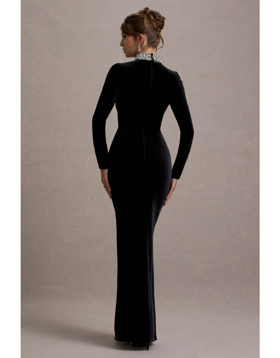 Love Lost | Black Velvet Embellished Twist Maxi Dress - 6
