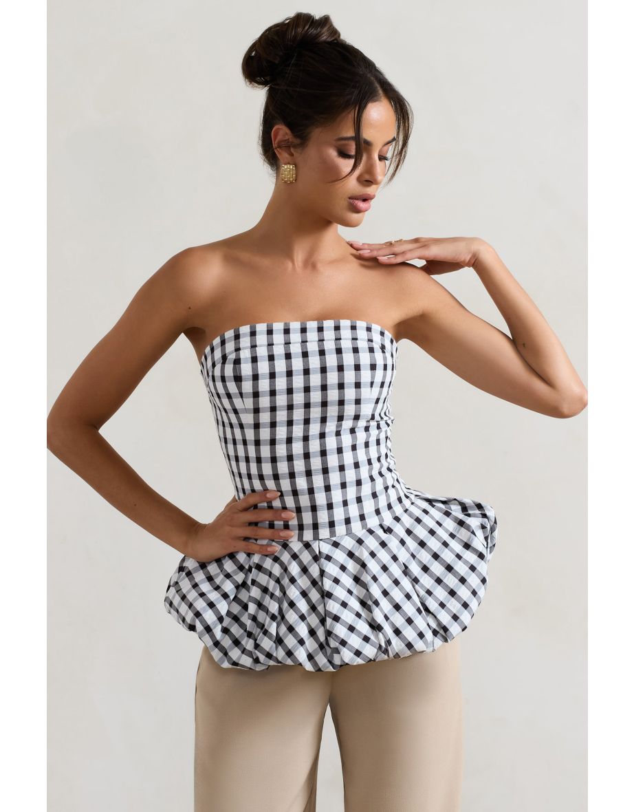 Roll With It | Black & White Gingham Bandeau Ruffle Top - 4