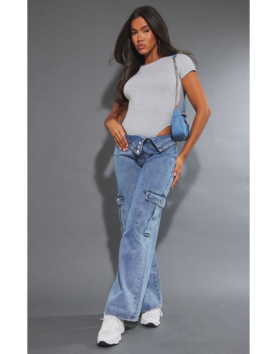 Acid Blue Wash Asymmetric Foldover Waistband Low Rise Straight Leg Jeans