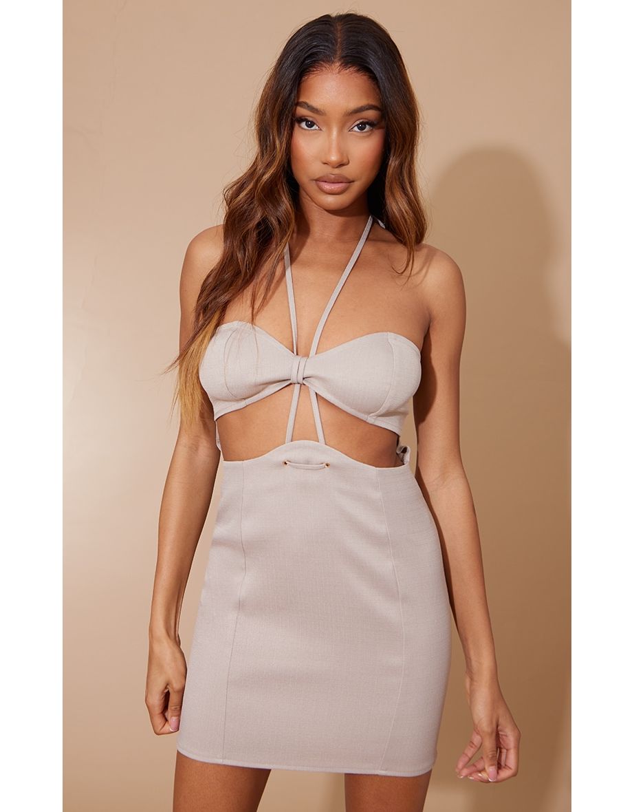 Shop Stone Woven Linen Cut Out Strap Detail Bodycon Dress Online in Qatar VogaCloset
