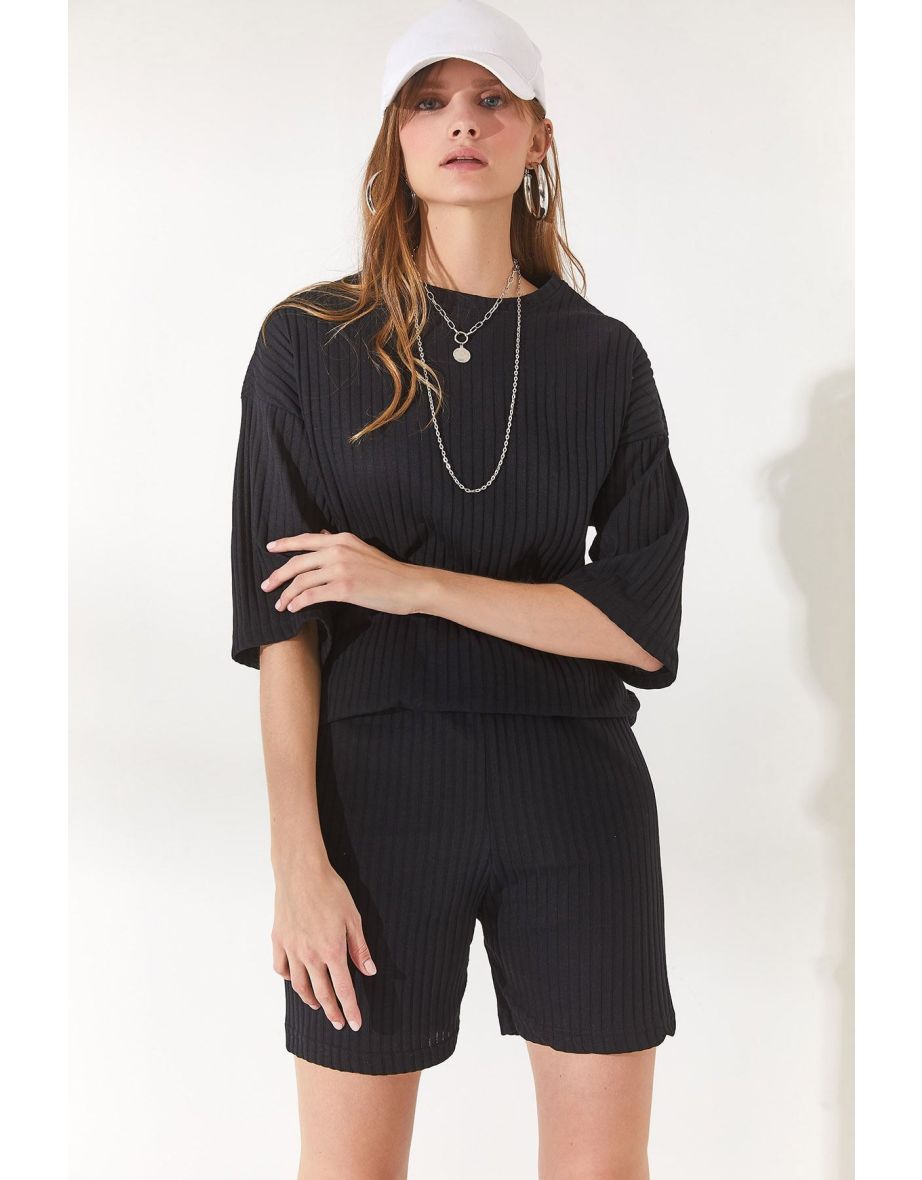 Women's Black Bottom Short Leggings Top Loose Blouse Suit