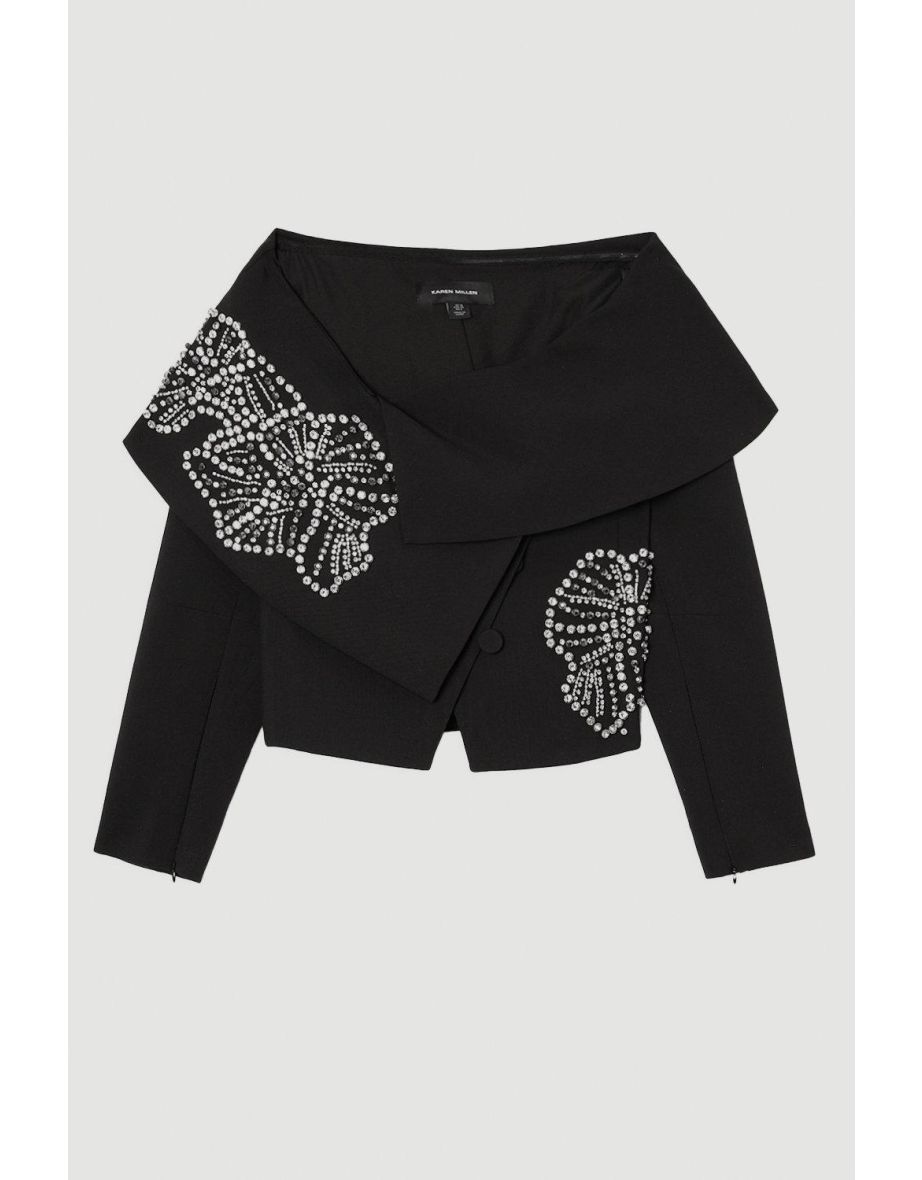 Placed Floral Crystal Embellished Tailored Asymmetric Jacket - 3