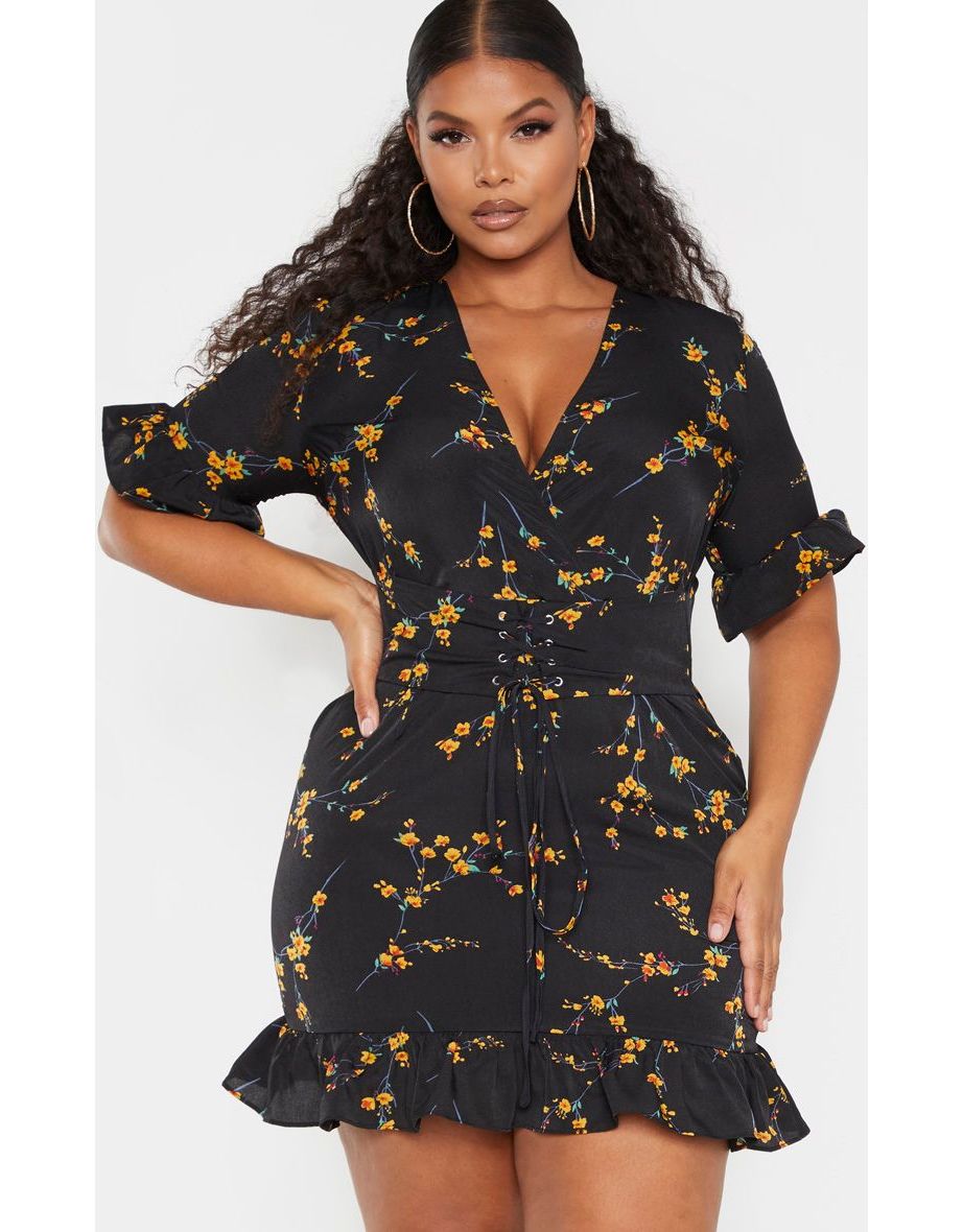 Plus Black Floral Corset Swing Dress