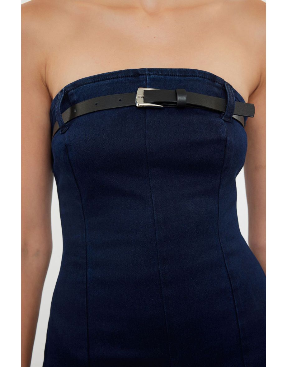 Dark Blue Strapless Belted Maxi Denim Dress - 4