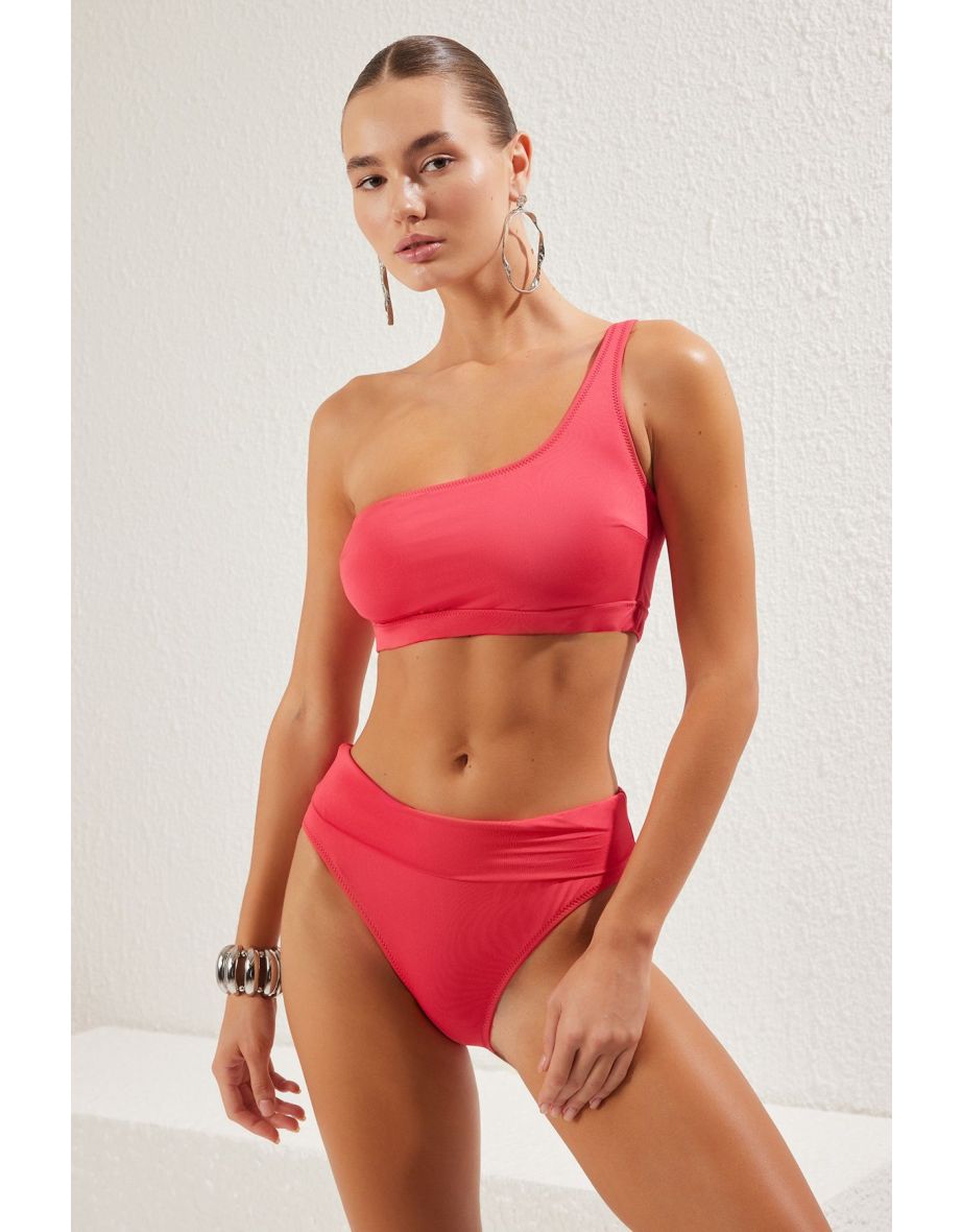 Fuchsia Plain One Shoulder High Waist Regular Bikini Set