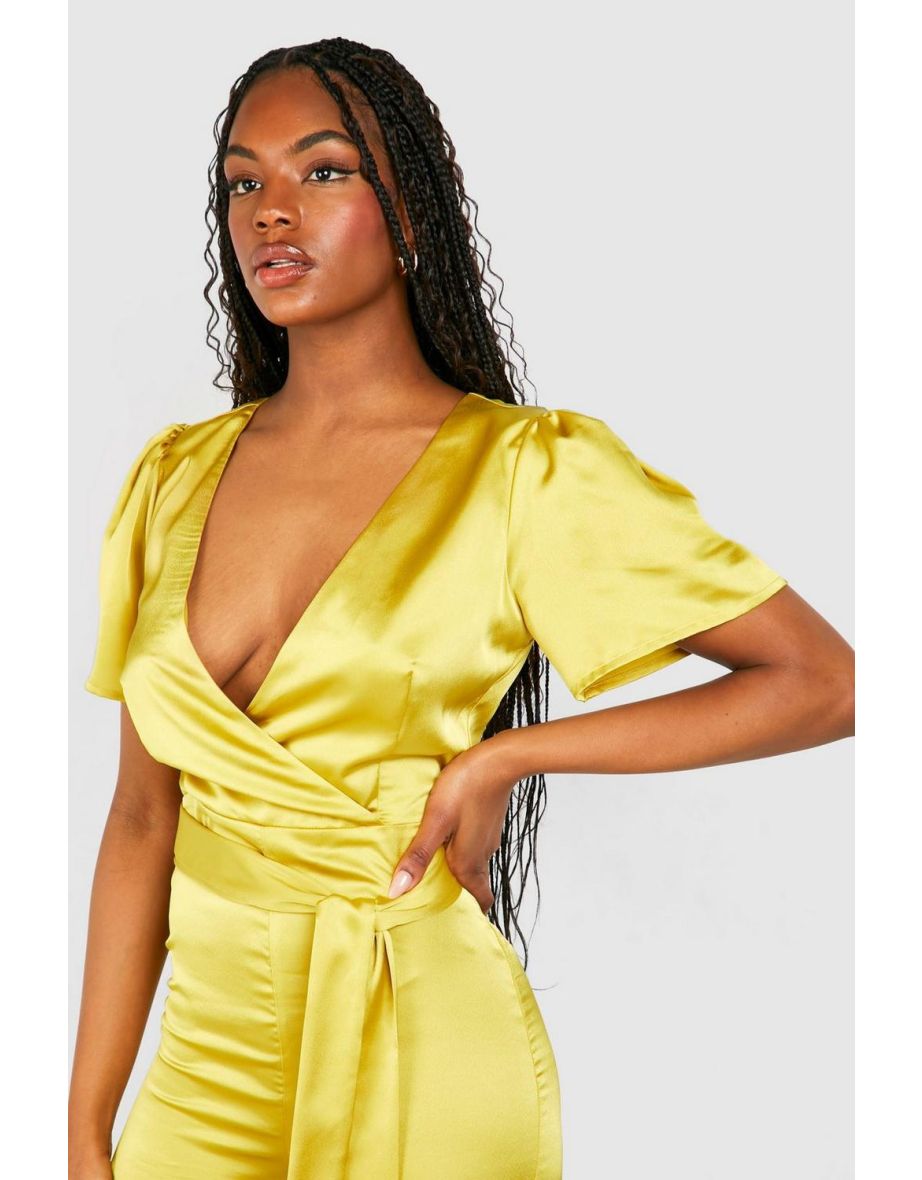 Tall Occasion Satin Wrap Wide Leg Jumpsuit - lime - 3