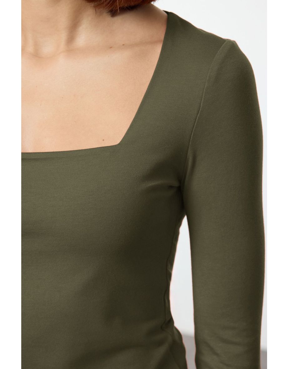 Khaki Cotton Square Collar Regular Fit Knitted Thin Blouse - 4