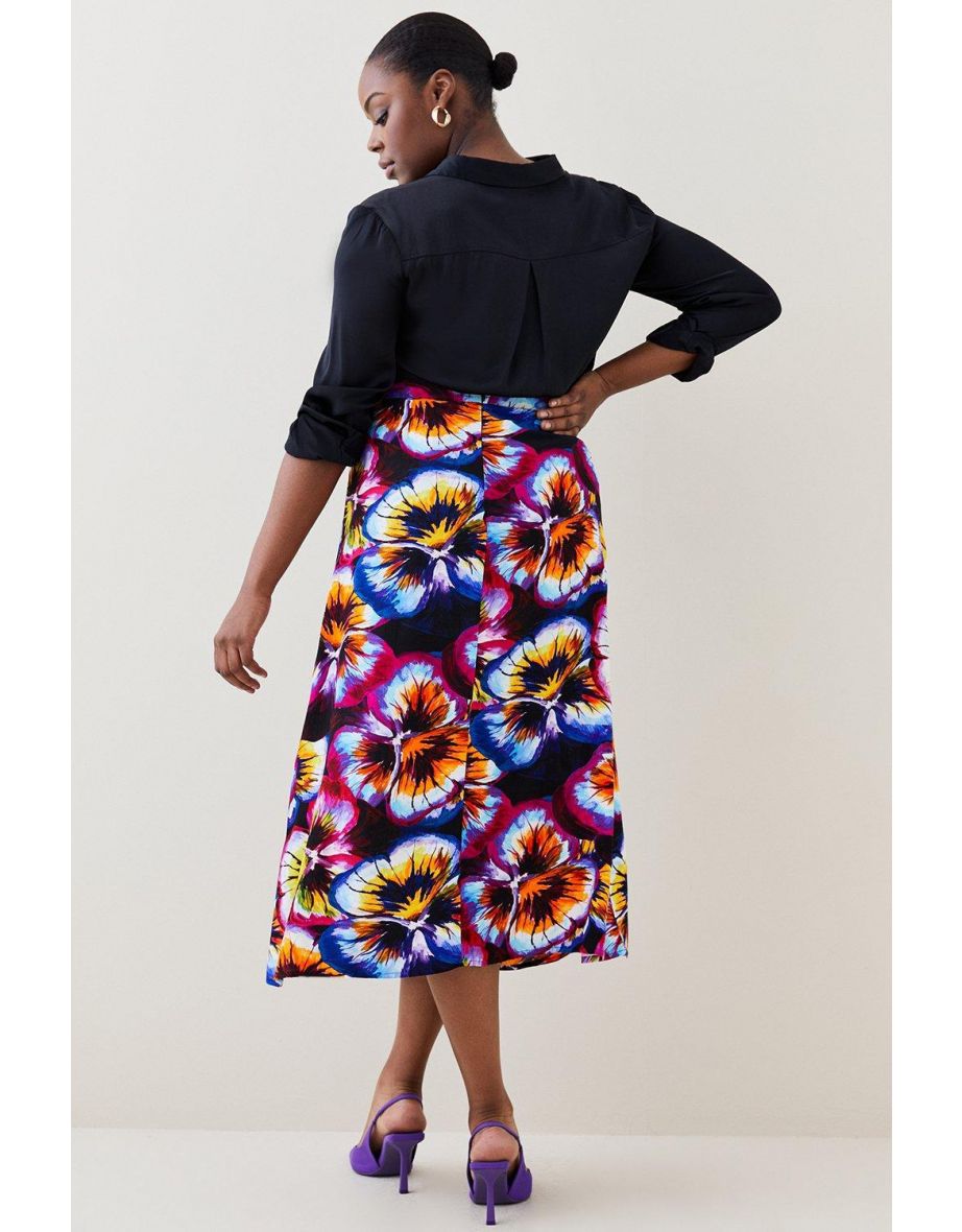 Plus Size Bright Floral Button Woven Midi Skirt - 2