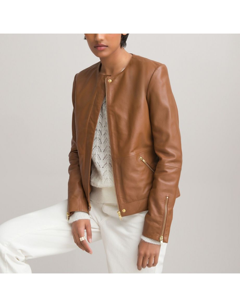 Collarless leather look jacket best sale