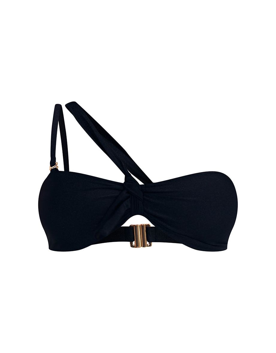 Black High Shine One Shoulder Asymmetric Bow Front Bikini Top - 3