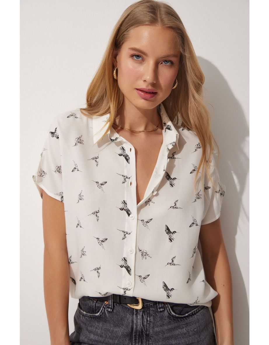 Women's White Floral Pattern Short Sleeve Viscose Shirt - 4