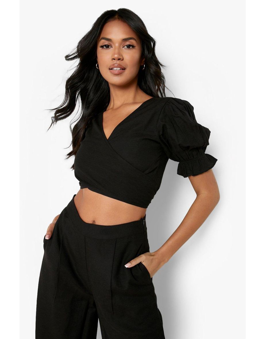 Linen Wrap Crop Top - black