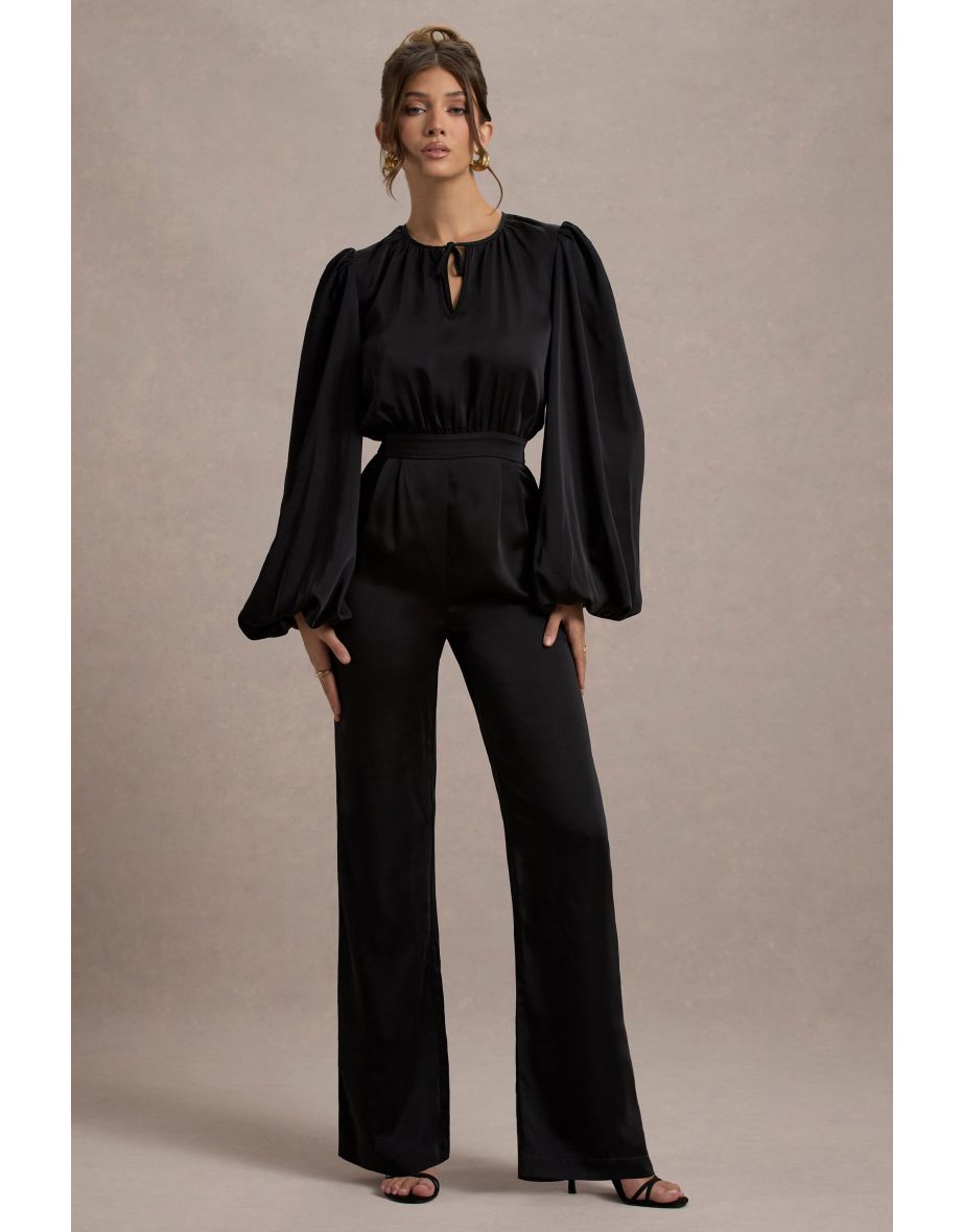 Suzanna | Black Satin Puff-Sleeve Wide-Leg Jumpsuit