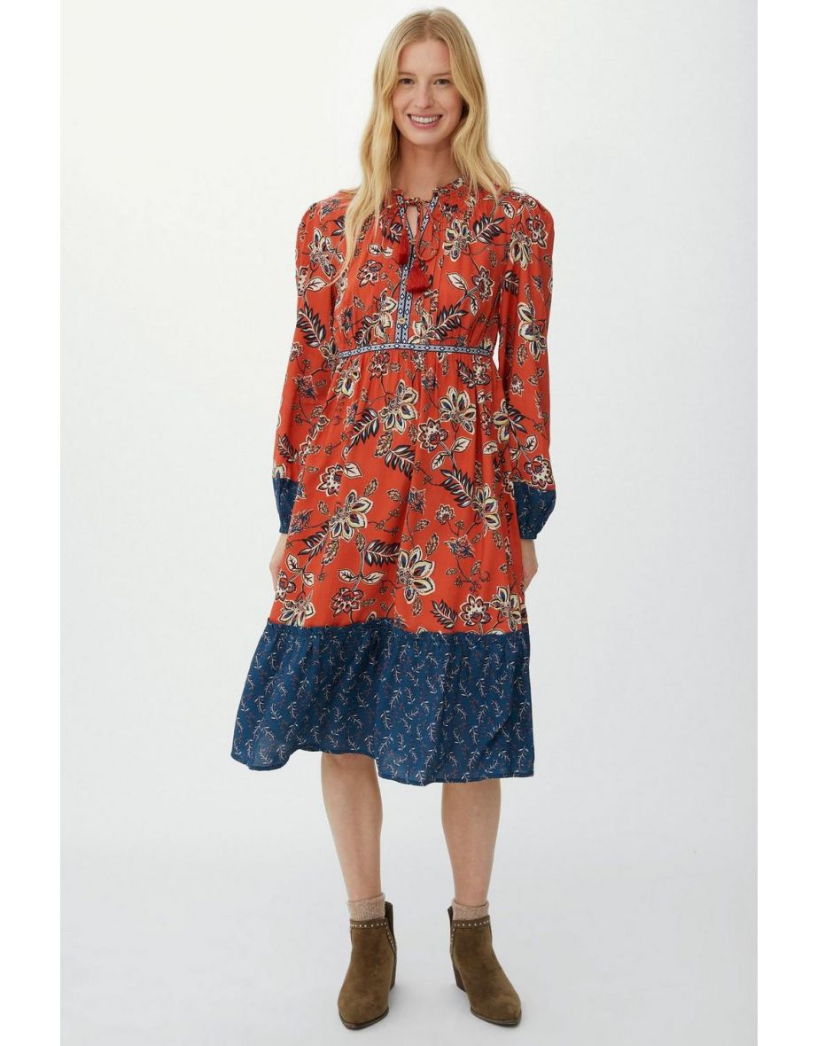Sketchy Leaf Mix & Match Tiered Midi Dress - burnt orange