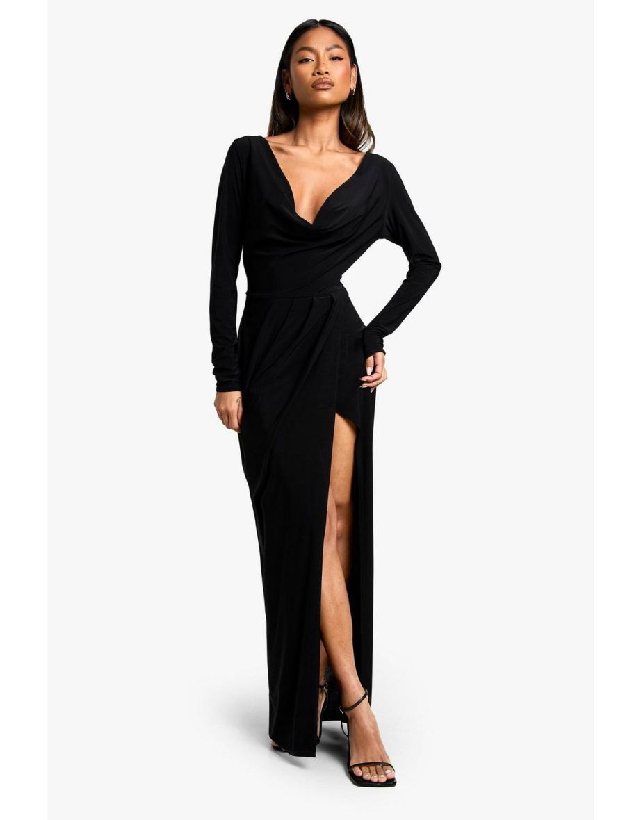 Long Sleeve Wrap Maxi Dress - black