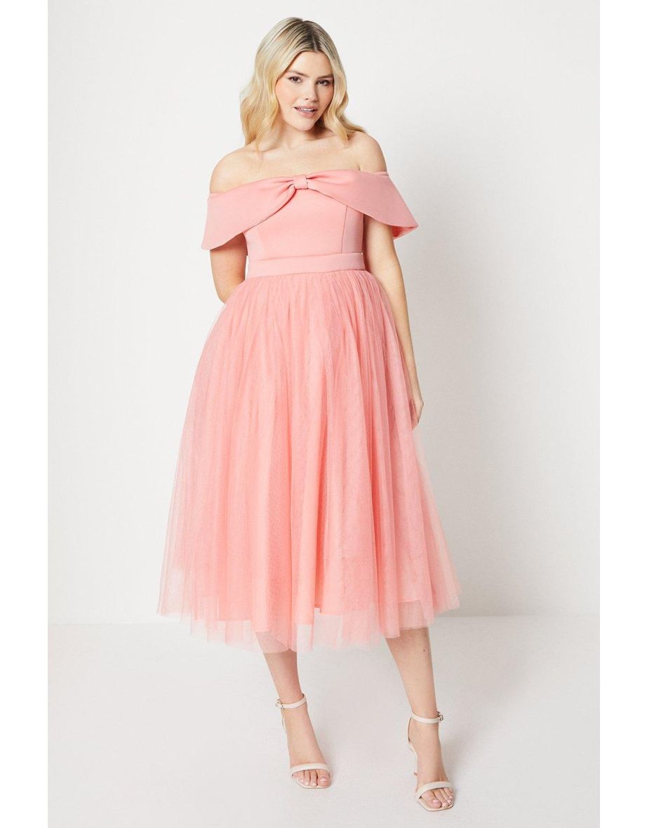 Debut London Bow Detail Bardot Tulle Dress - blush