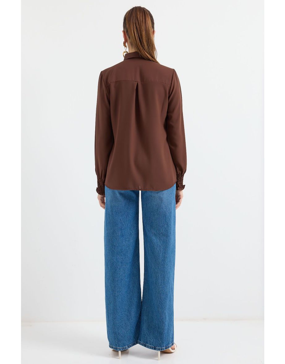 Frilled Long Sleeve Shirt - Brown - 4
