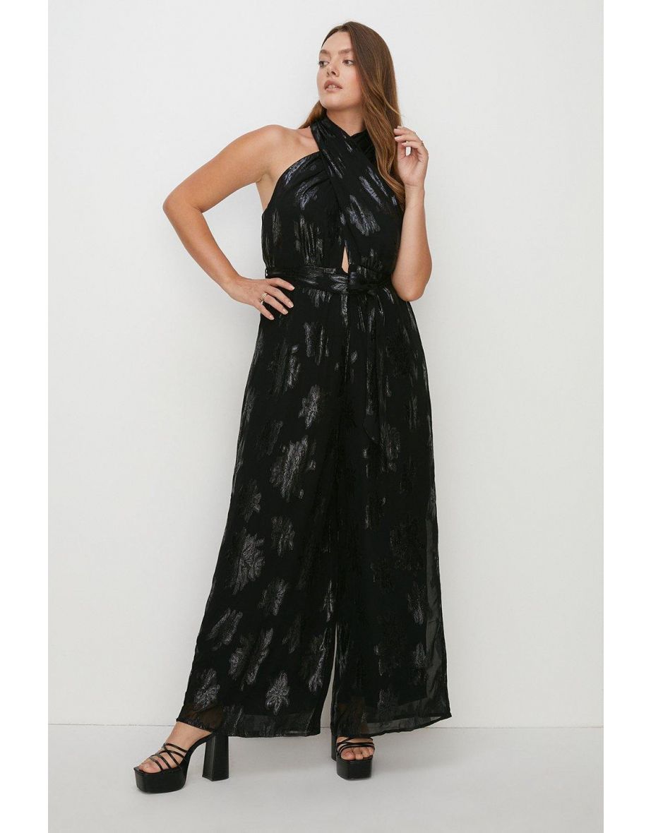 Plus Size Tie Front Metallic Jumpsuit