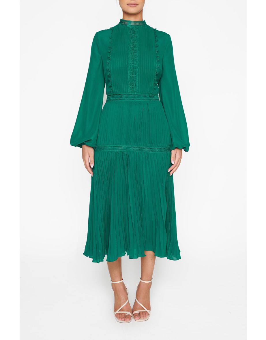 Emerald Green Pleated Midi Dress