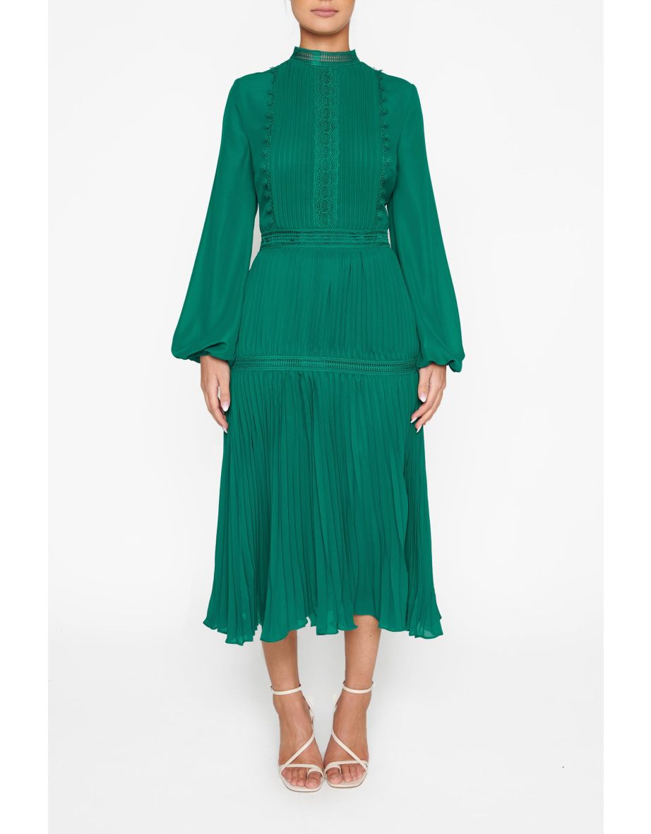 Green A-Line Midi Smock Dress with Long Sleeve