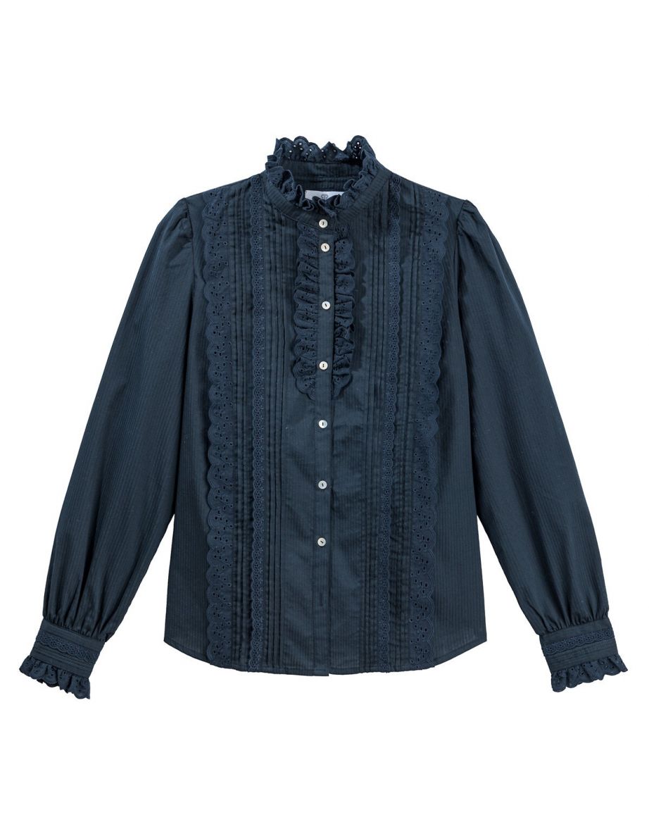 Cotton Ruffled Blouse with High Neck - 3