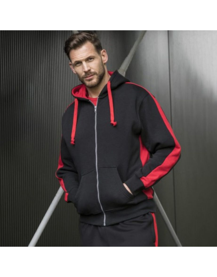 AWDis Just Hoods Mens Contrast Sports Polyester Full Zip Hoodie - Jet Black/Fire Red - 1