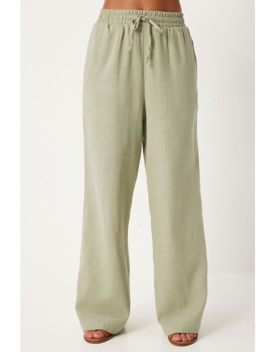 Women's Khaki Loose Cut Linen Trousers - 4