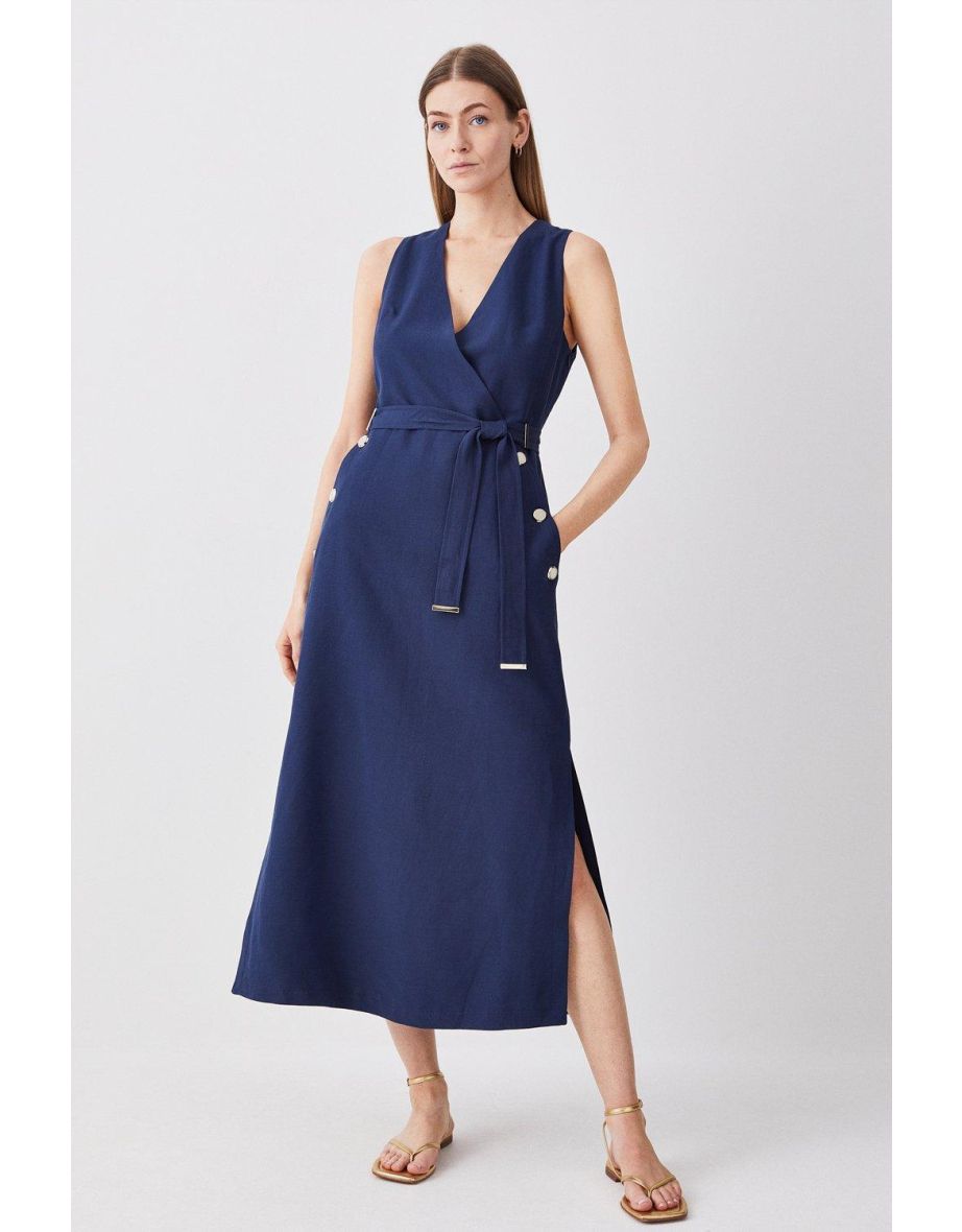 Linen Nautical Button Detail Belted Midi Dress
