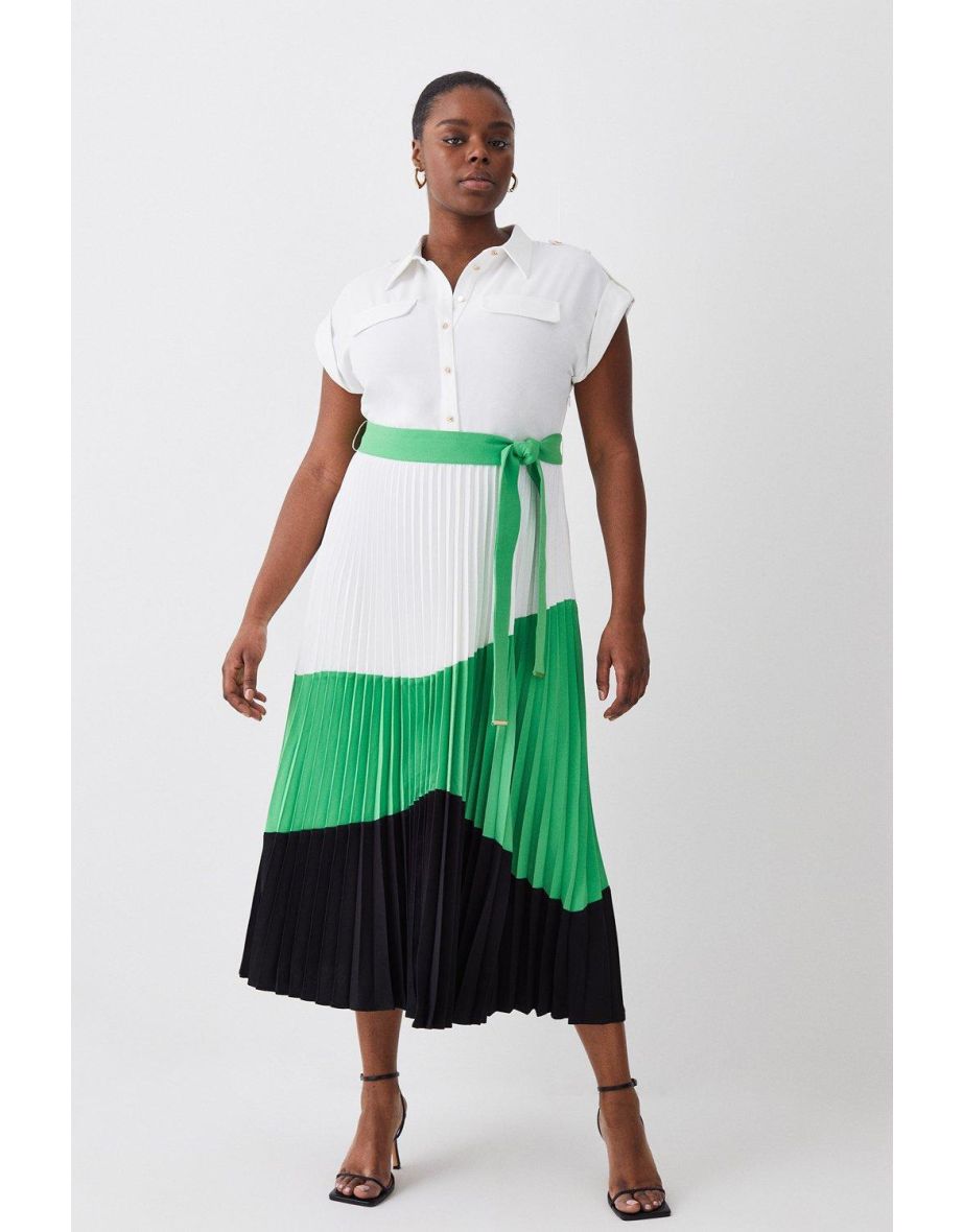 Plus Size Colour Block Pleated Woven Midi Shirt Dress