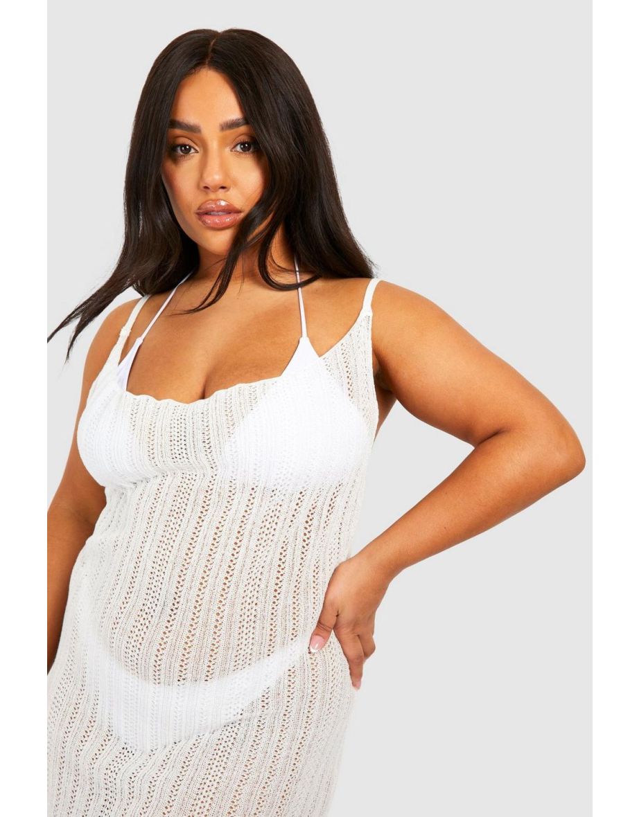 Plus Crochet Ladder Cowl Neck Knitted Maxi Dress - ivory - 3
