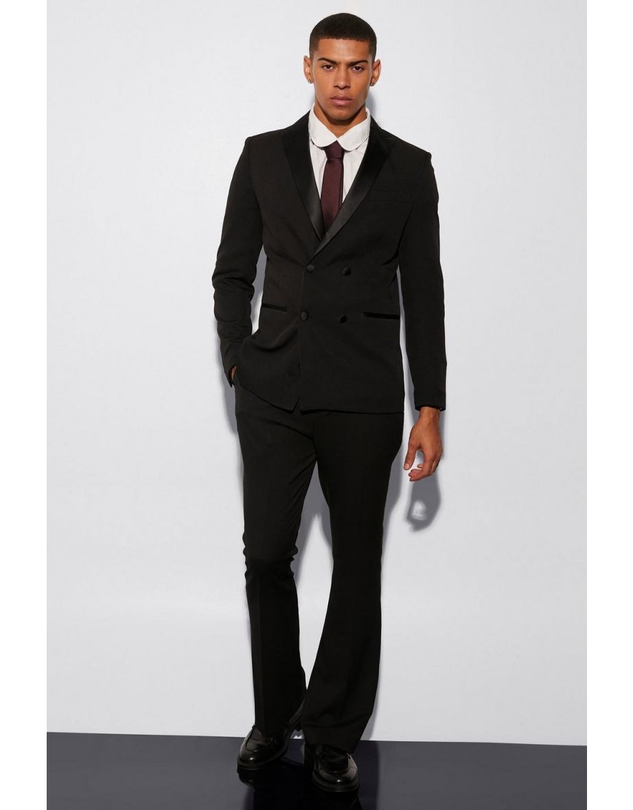 Skinny Double Breasted Tuxedo Suit Jacket - black - 2