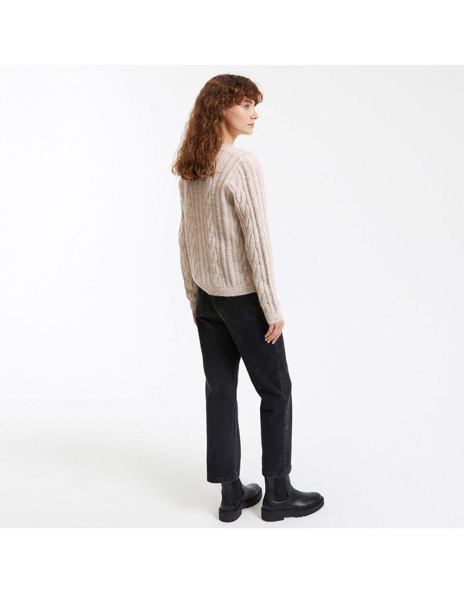 Chunky Knit Buttoned Cardigan with Crew Neck - 3